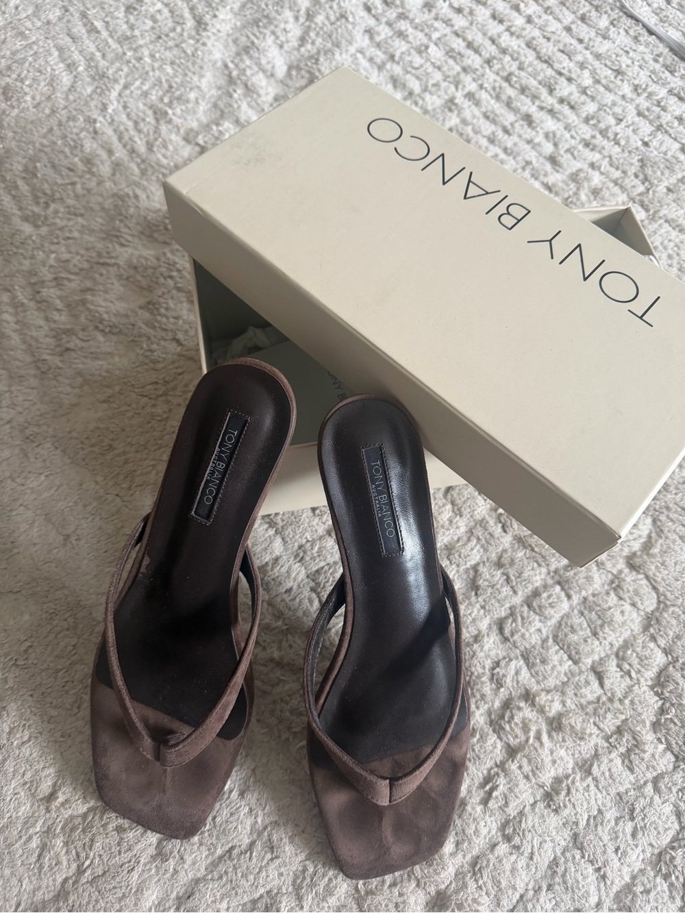 Tony Bianco Brown Suede Square Toe Thong Mules